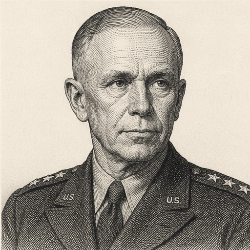 Woodcut portrait of George C. Marshall, architect of the postwar world order who embodied the Embedding Mode by building institutions that outlast the leader